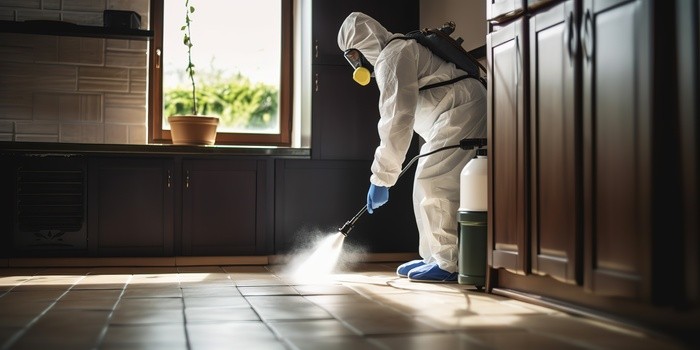 A pest exterminator from the pest control service in a mask and a white protective suit sprays poisonous gas.