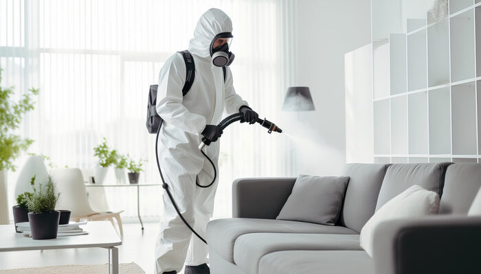 pest control worker in a protective suit sprays insect pesticides in a living room.