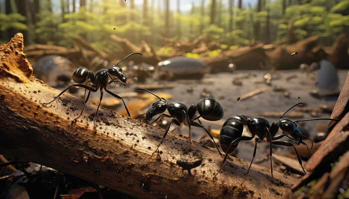 Carpenter ants walking on a dead branch