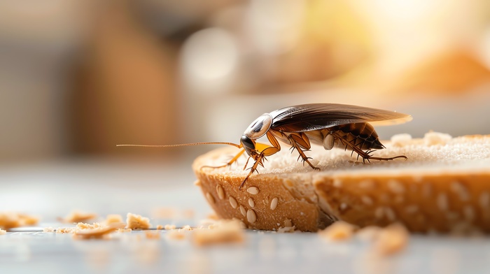 Close-up of a cockroach on a piece of bread in a kitchen setting, illustrating hygiene and pest control issues.