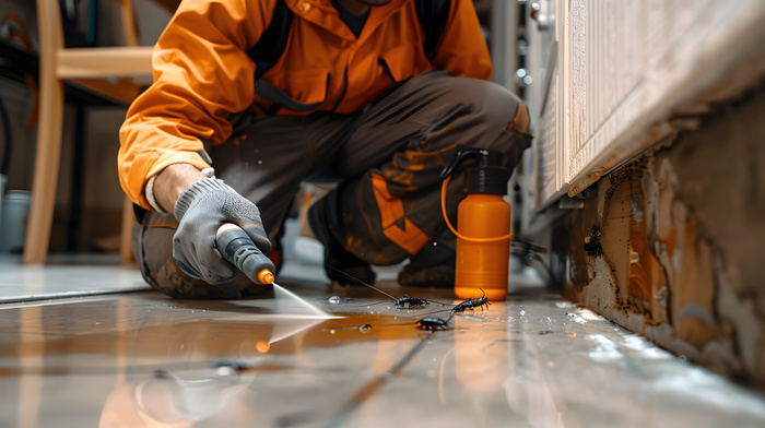 Midsection shot of a man, pest control worker wearing workwear and using a potent insecticide spray to rid a home of cockroaches, ensuring thorough cleaning and insect eradication