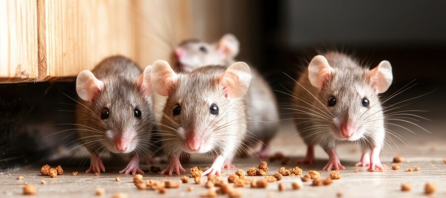 Rat infestation: rats scurrying around scattered food crumbs in a kitchen