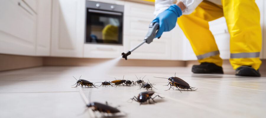 Cockroaches. Pest control specialist sprays insecticide in residential kitchen. Importance of pest control and prevention for maintaining household