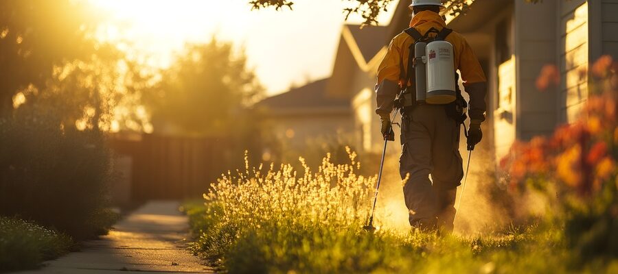 Pest control worker spraying pesticide at sunset in residential area
