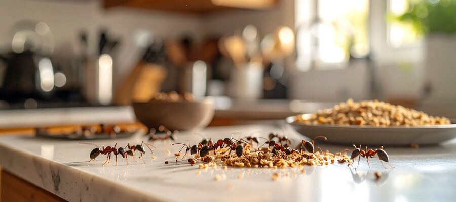 Ants feasting on food crumbs in a kitchen